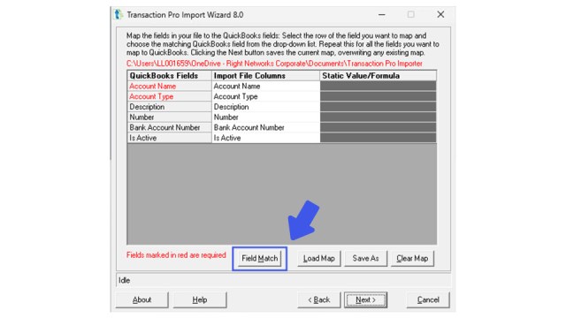 A screenshot of the field match portion of Transaction Pro Importer tool for QuickBooks Desktop.