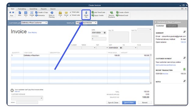 An image of where the “attach file” button appears on a transaction screen in QuickBooks.
