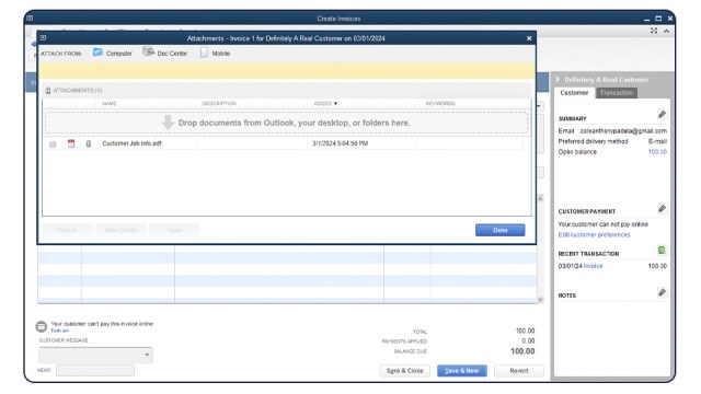 An screen image that shows where to add attachments from a QuickBooks transaction.