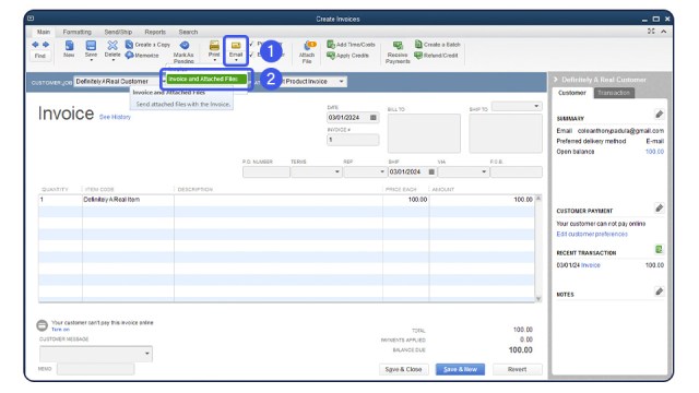 A screen image of where to find the email and attached files selections in a QuickBooks transaction.