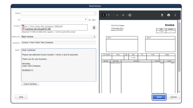 A screen image that shows sending an email attachment from QuickBooks.