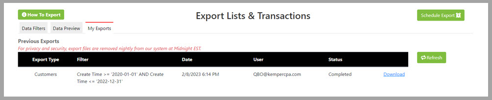 Transaction Pro Exporter - My Exports Tab