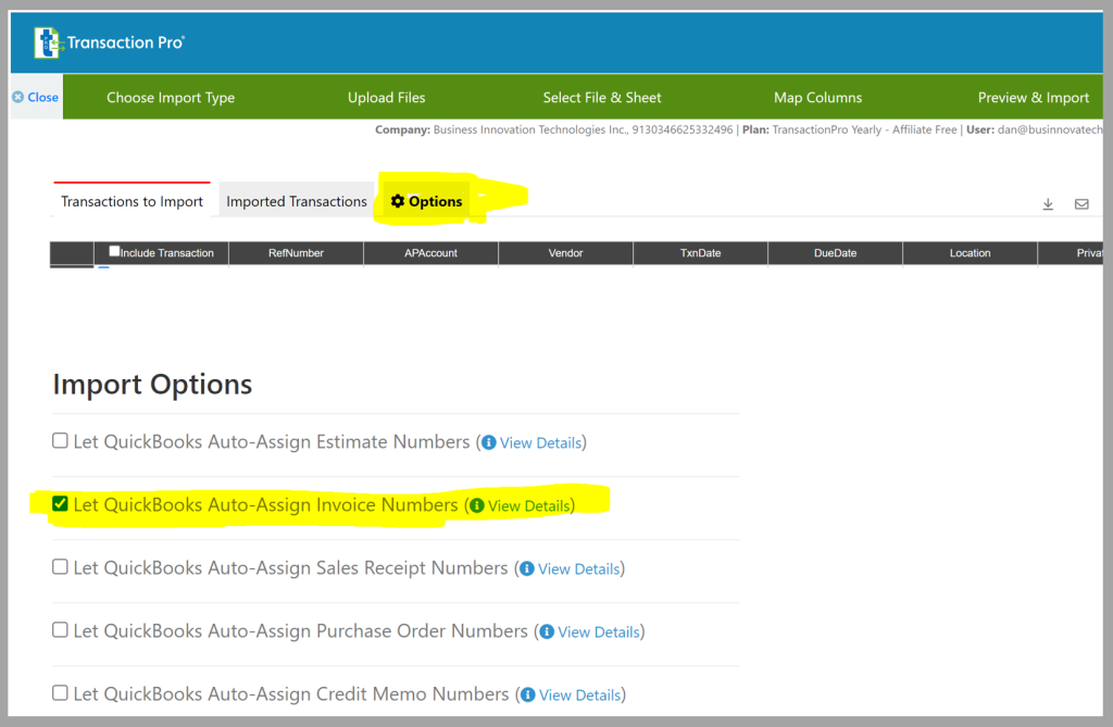 Transaction Pro special Importing feature for invoice orders out of sequence