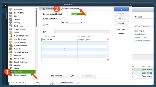 Company preferences in sending quickbooks froms