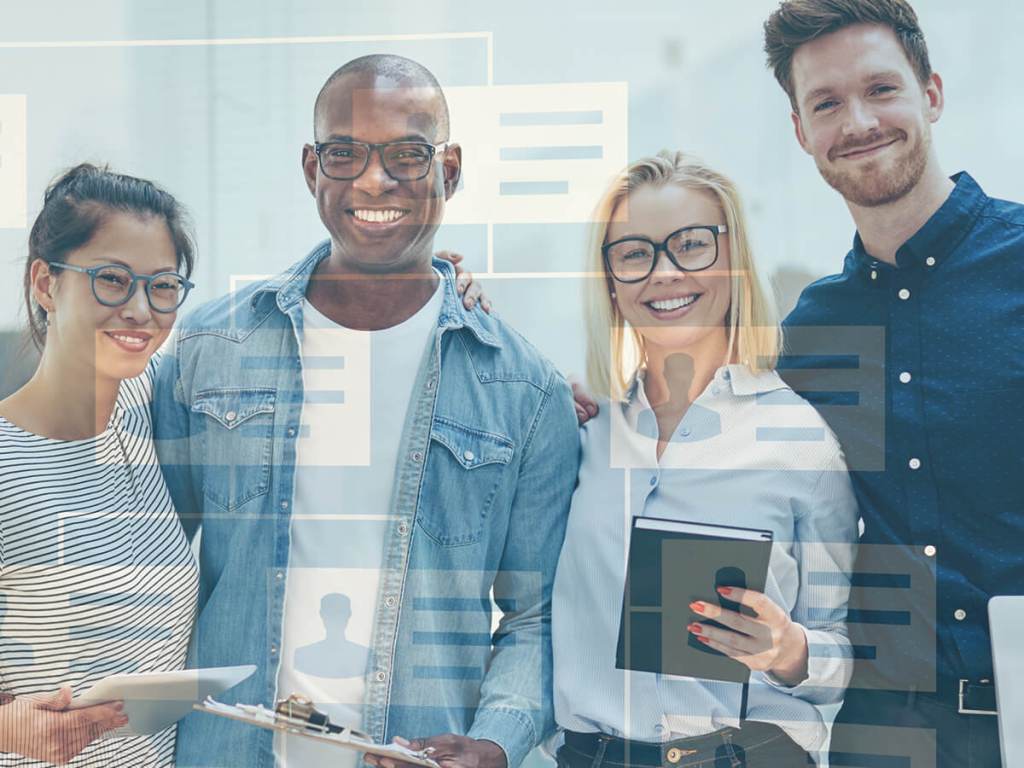 A group of coworkers standing together with an organizational chart overlay depicting a balanced accounting firm.