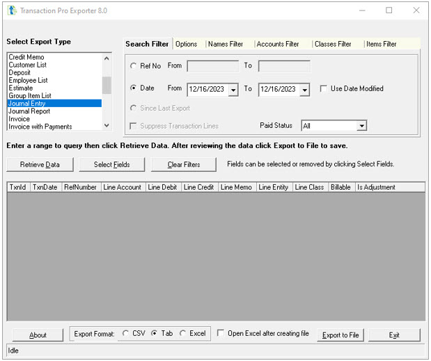 Transaction Pro Exporter main filters