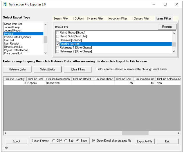 Items Filter Tab for filtering data about transactions