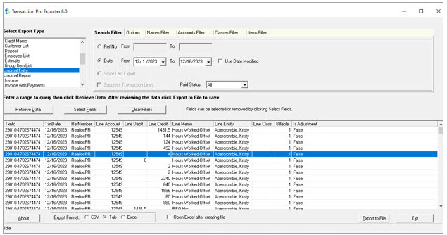 Retreive Data button shows transactions to be imported