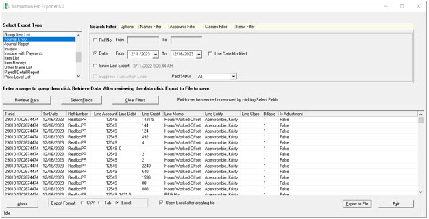 Main screen of data to be exported