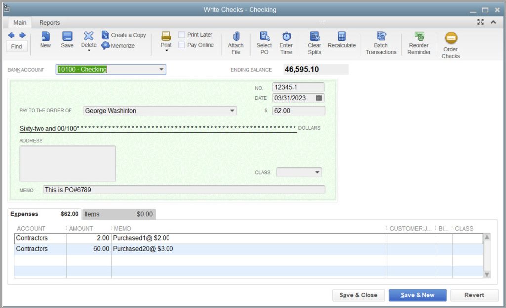 Image of completed imported check in QuickBooks Desktop