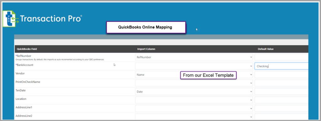 Transaction Pro for QuickBooks Online mapping for import