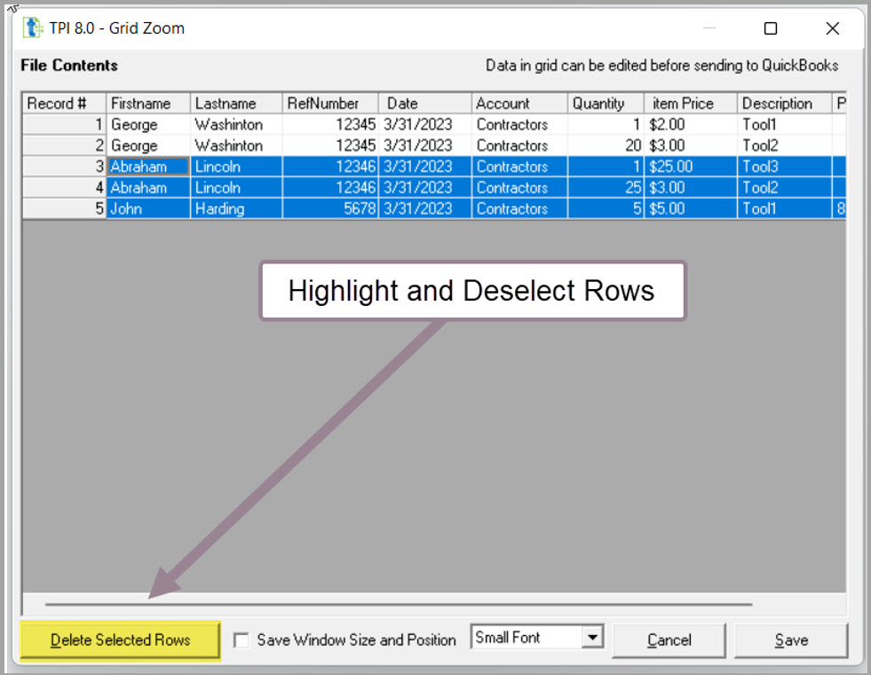 HOw to delect rows you don't want to import with Transactin Pro Importer for QuickBooks Desktop