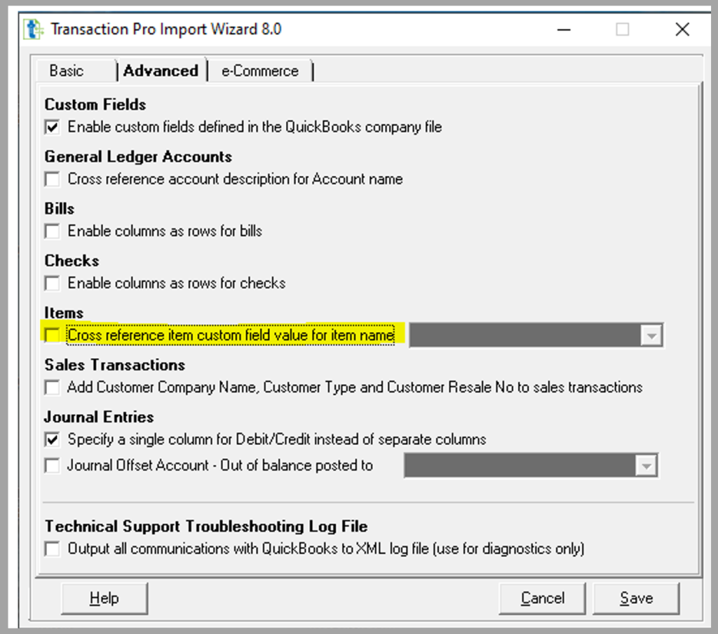 Advanced settings for preferences and custom field creation in Transaction Pro Importer