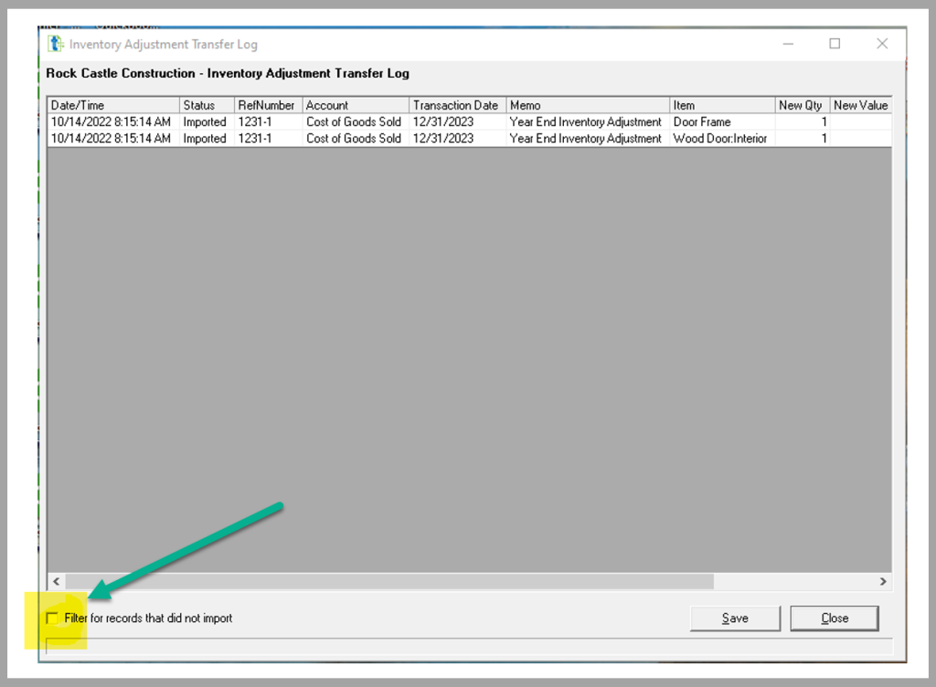 Example of log file for an import with Transaction Pro Importer