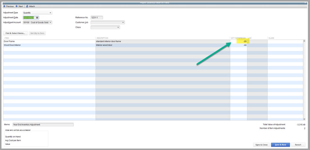 Example of updated inventory in QuickBooks using Transaction Pro Importer