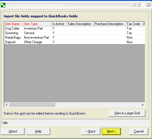 Import file fields mapped to QuickBooks fields