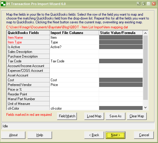 Mapping Screen for QuickBooks Imports