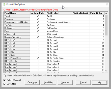 Transaction Pro Exporter, export file options window