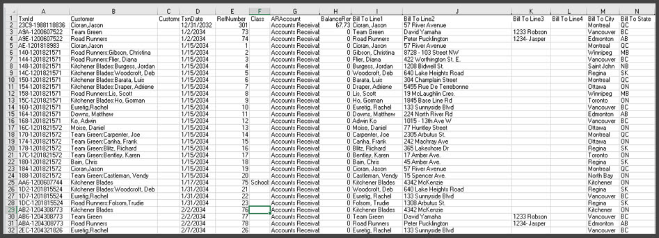 Screenshot of QuickBooks SQL query to Excel spreadsheet