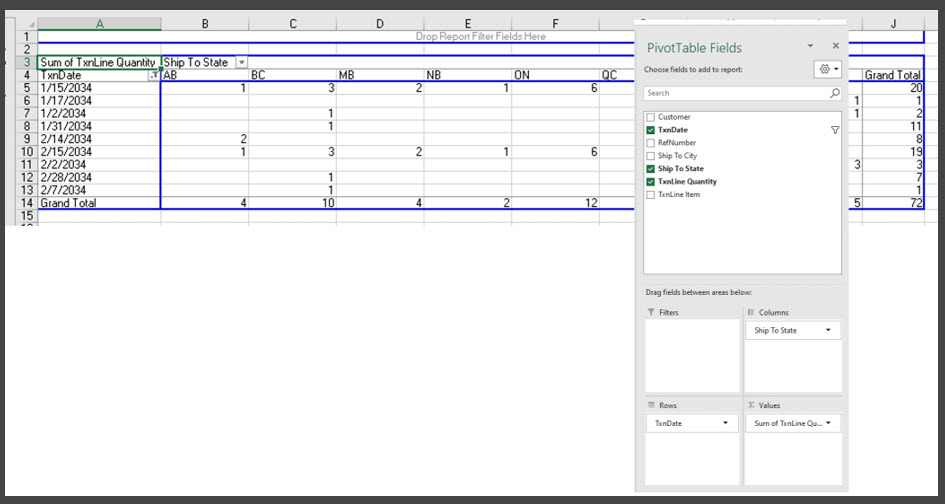 QuickBooks transactions, Pivot Table, Transaction Pro