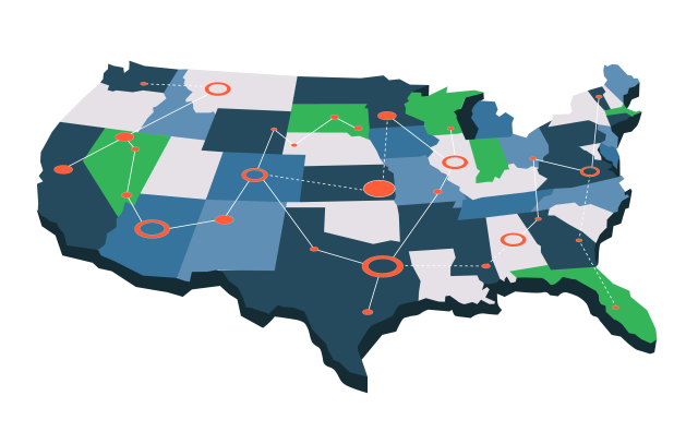 Geographical map of remote workers areas