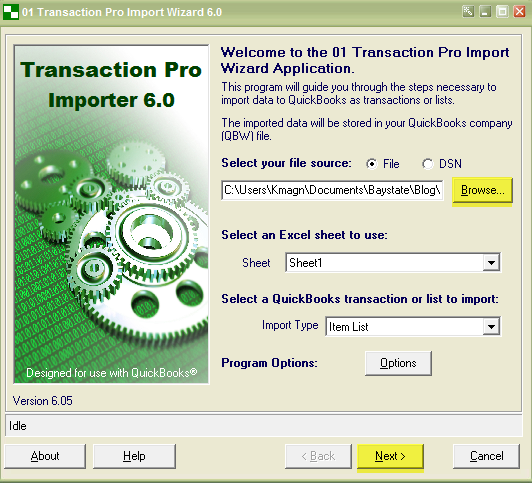 Select your Import file and type for QuickBooks Imports