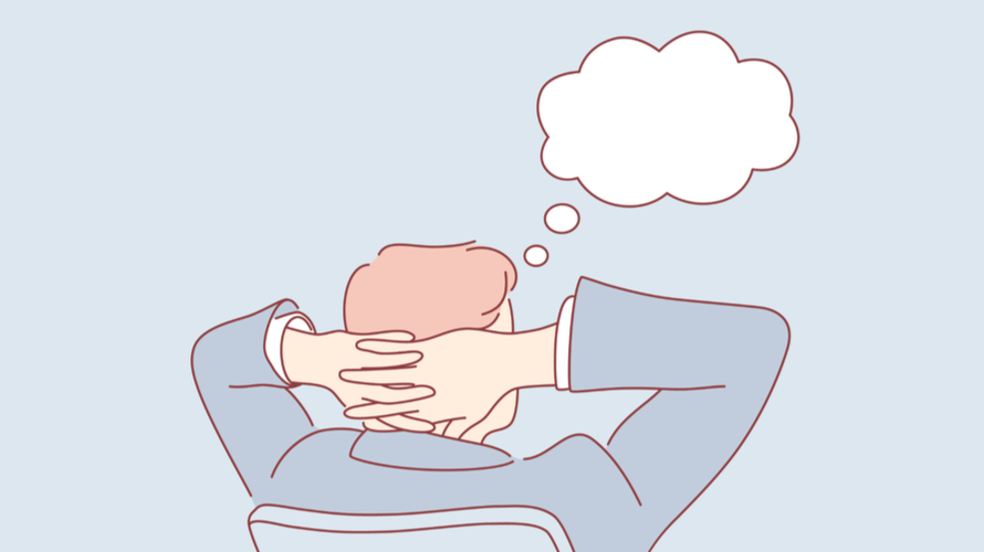 A cartoon of man leaning back in his chair, dreaming of the week after tax season and implementing cloud hosting.
