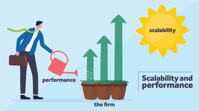 Accountant investing in the performance of the firm, represented by them watering a plant with a watering can, in order to scale up, which is represented by the rising sun helping the firm grow.