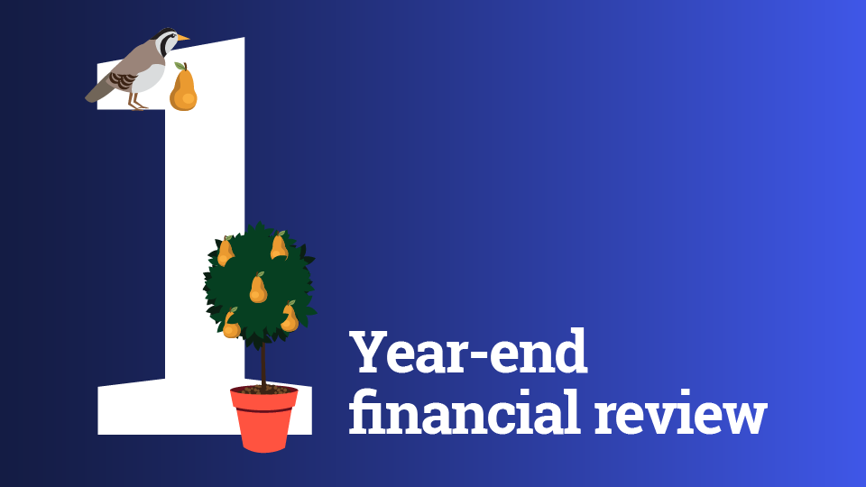 A partridge sits atop the image of a white number one, above a pear tree, and the graphic is entitled, “Year-end financial review.”