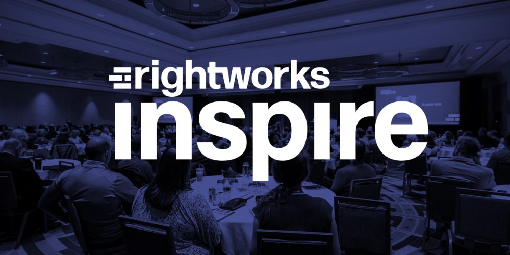 A photo of a full room of attendees at the Inspire 2023 conference, with the words “Rightworks Inspire” laying over the image.