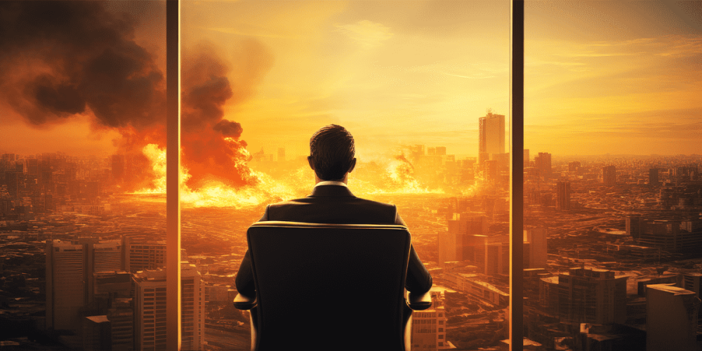 A man sits in an office chair looking out floor-to-ceiling windows at the world burning in front of him.