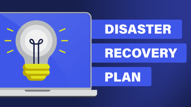 An image of a two-dimensional lightbulb on the left side of the graphic, with the words "disaster recovery plan" stacked on top of each other on the right. Everything sits on a blue background.