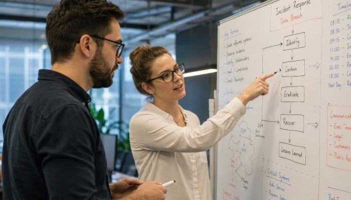 Colleagues looking at white board figuring out their data breach response plan