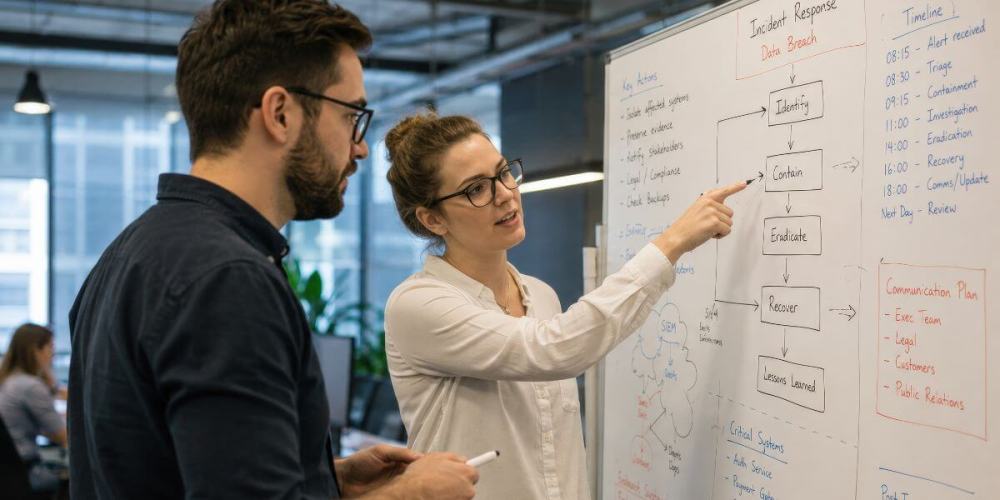 Colleagues looking at white board figuring out their data breach response plan