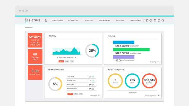 Image of BigTime’s user interface showing the applications dashboard view.