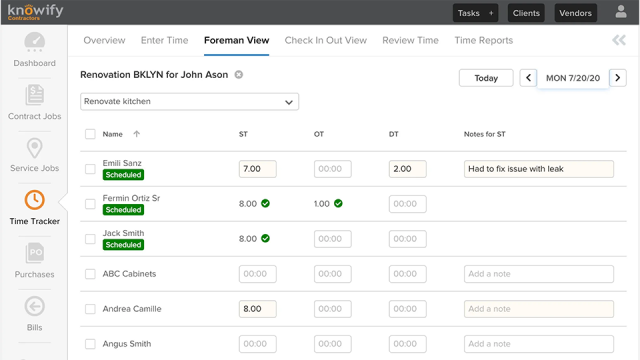 Image of Knowify's user interface showing the foreman's view of the dashboard.