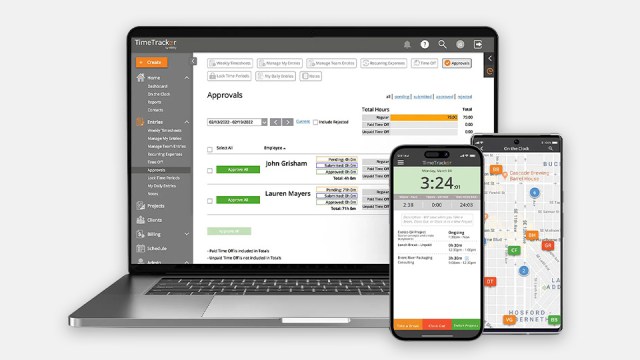 Image of TimeTracker by eBillity’s user interface on various devices, including a laptop and two different mobile phones.