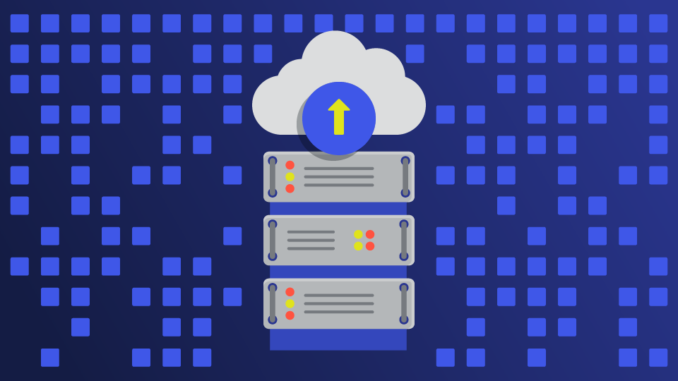 A stack of three cartoon gray servers sit below the cloud on a pixelated background, representing the evolution of ai technologies.