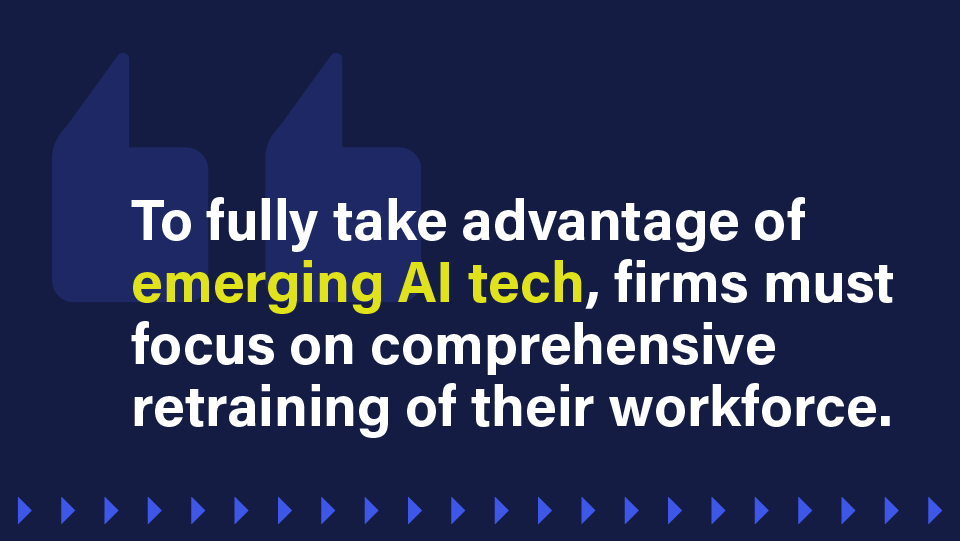 A graphic on a blue background reads, "To fully take advantage of emerging AI tech, firms must focus on comprehensive retraining of their workforce."