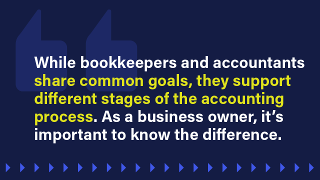 Image that says: While bookkeepers and accountants share common goals, they support different stages of the accounting process. As a business owner, it’s important to know the difference.