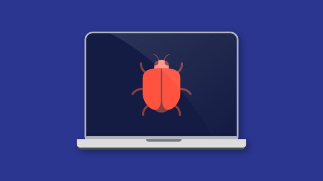 An illustrated image of a laptop with a virus, represented by a red bug, on the screen.