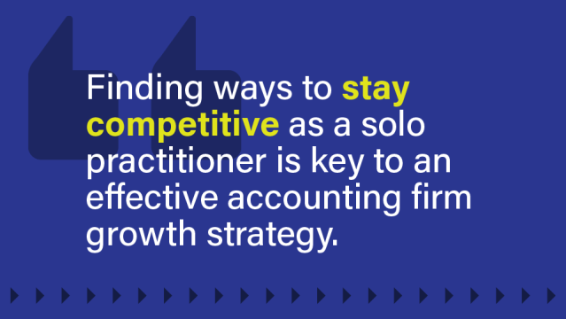 Image that says: Finding ways to stay competitive as a solo practitioner is key to an effective accounting firm growth strategy.