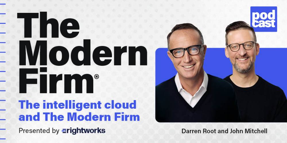 An image with Darren Root and John Mitchell to the right of The Modern Firm podcast.