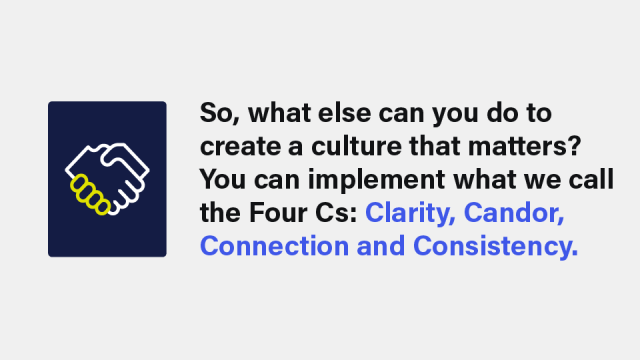Image that says: So, what else can you do to create a culture that matters? You can implement what we call the Four Cs: Clarity, Candor, Connection and Consistency.