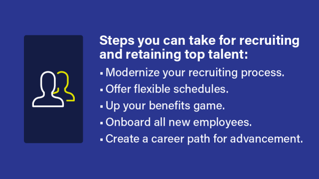 Image that states: Steps you can take for recruiting and retaining top talent: 1. Modernize your recruiting process. 2. Offer flexible schedules. 3. Up your benefits game. 4. Onboard all new employees. 5. Create a career path for advancement.
