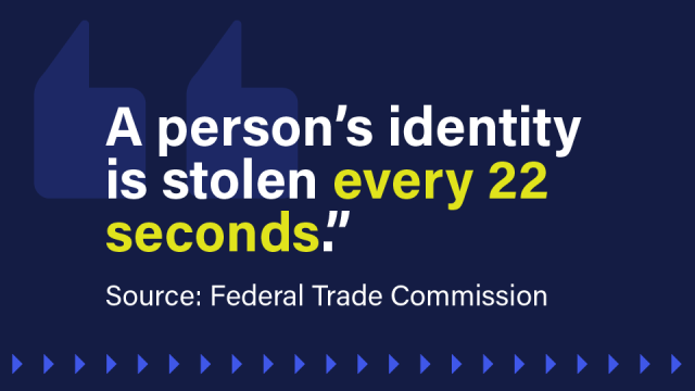 An image with a pull quote sourced from the Federal Trade Commission: "A person's identity is stolen every 22 seconds."