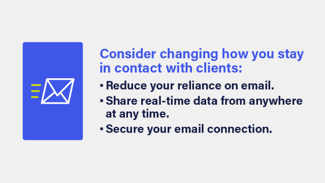 An image with an envelope icon provides a bulleted list of three ways to consider changing how you stay in contact with clients.