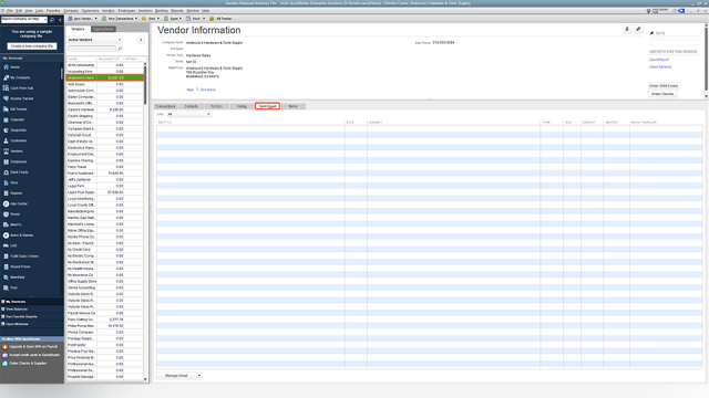 A screenshot showing where to view the list of sent emails for a specific vendor within the Vendor center in QuickBooks Desktop.