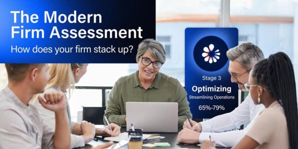 Image of people looking at a computer screen with Modern Firm Assessment language displayed