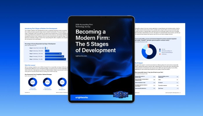 Tablet displaying Becoming a Modern Firm whitepaper cover with additional pages behind